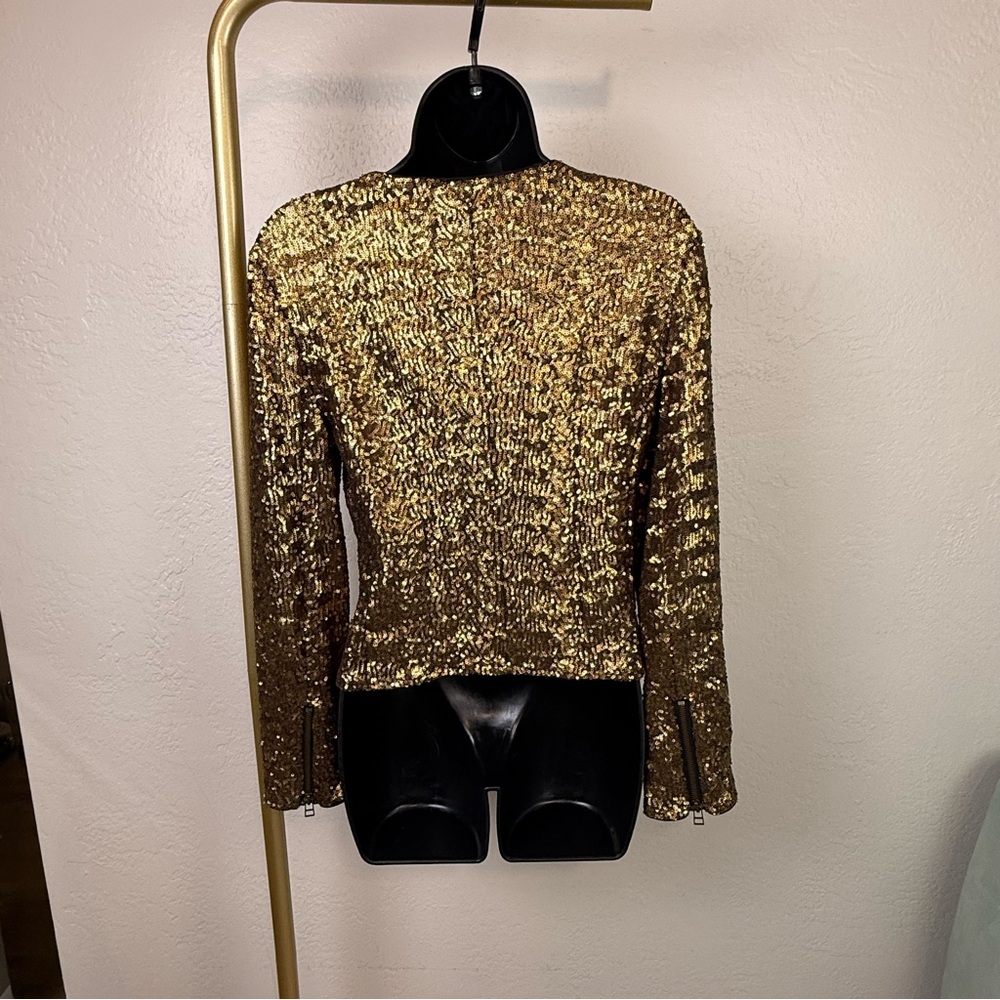 VINTAGE W118 by Walter Baker Gold/Bronze Sequin Zip Moto Jacket Size S Pristine - Picture 8 of 13
